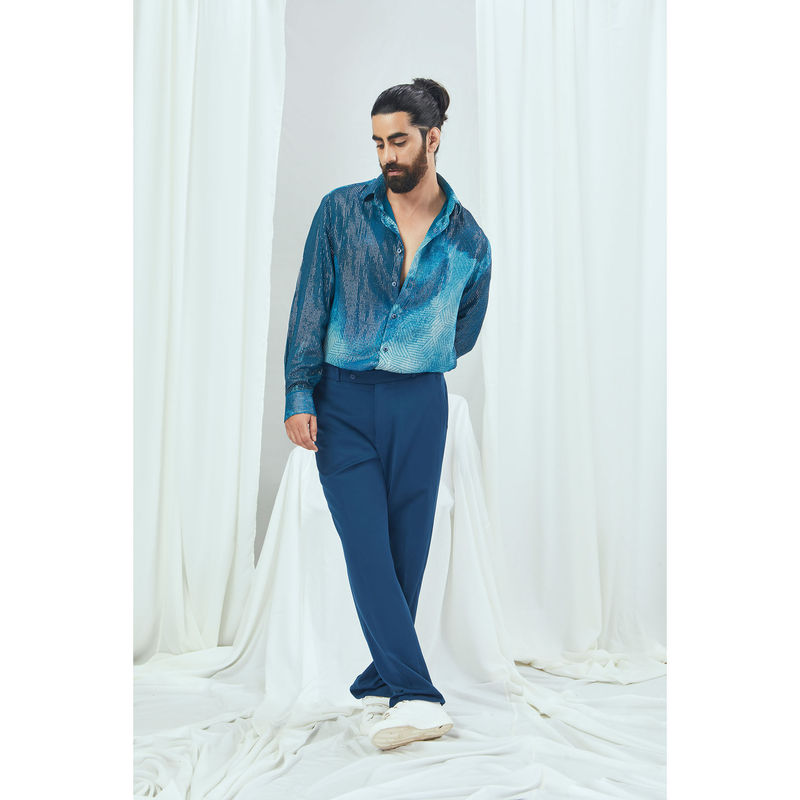 Nirmooha Jade Blue Lurex Blotch Printed Shirt with Lining (XS)