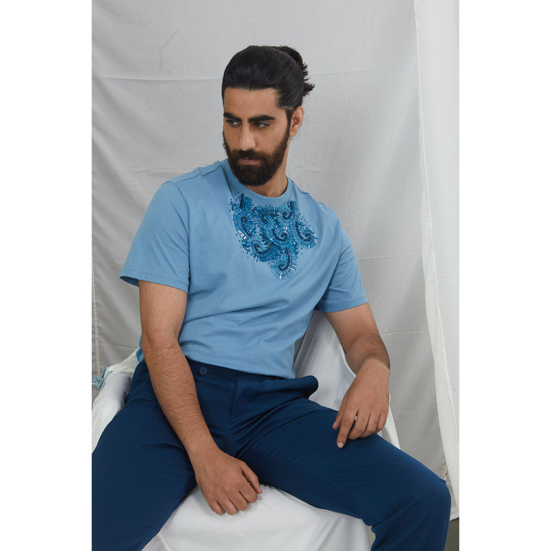 Nirmooha Jade Blue Embroidered T-Shirt (L)