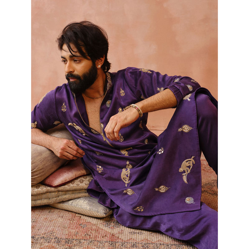 PS Men by Payal Singhal Purple Embroidered Bomber Kurta with Jogger Pant (Set of 2) (S)