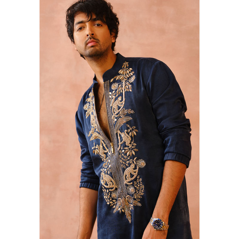 PS Men by Payal Singhal Navy Embroidered Bomber Kurta with Jogger Pant (Set of 2) (S)