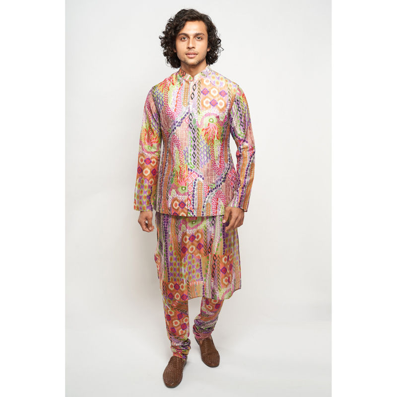 PS Men by Payal Singhal Faiz African Multi Colour Dupion Silk Bandi Kurta & Churidar (Set of 3) (38)