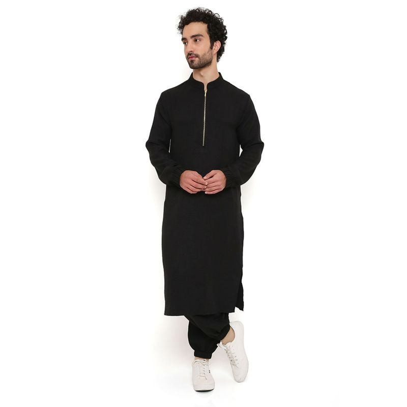 PS Men by Payal Singhal Black Soft Linen Bomber Kurta with Jogger Pant (Set of 2) (S)