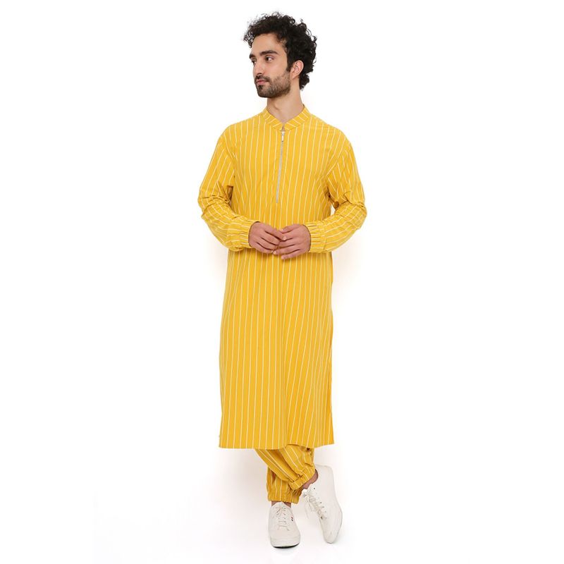 PS Men by Payal Singhal Mustard Stripe Lycra Bomber Kurta with Jogger Pant (Set of 2) (S)
