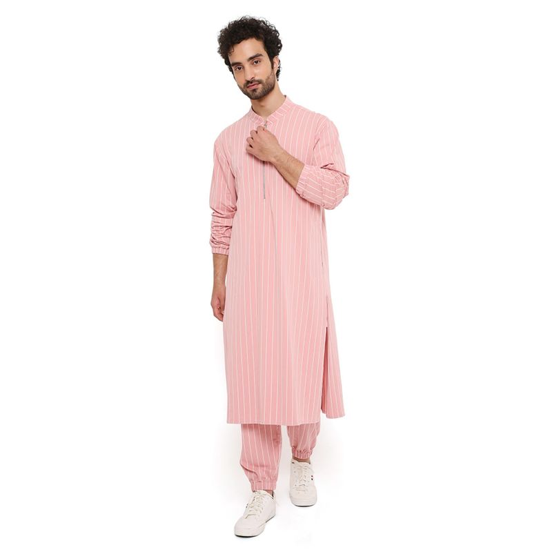 PS Men by Payal Singhal Rose Pink Stripe Lycra Bomber Kurta with Jogger Pant (Set of 2) (S)