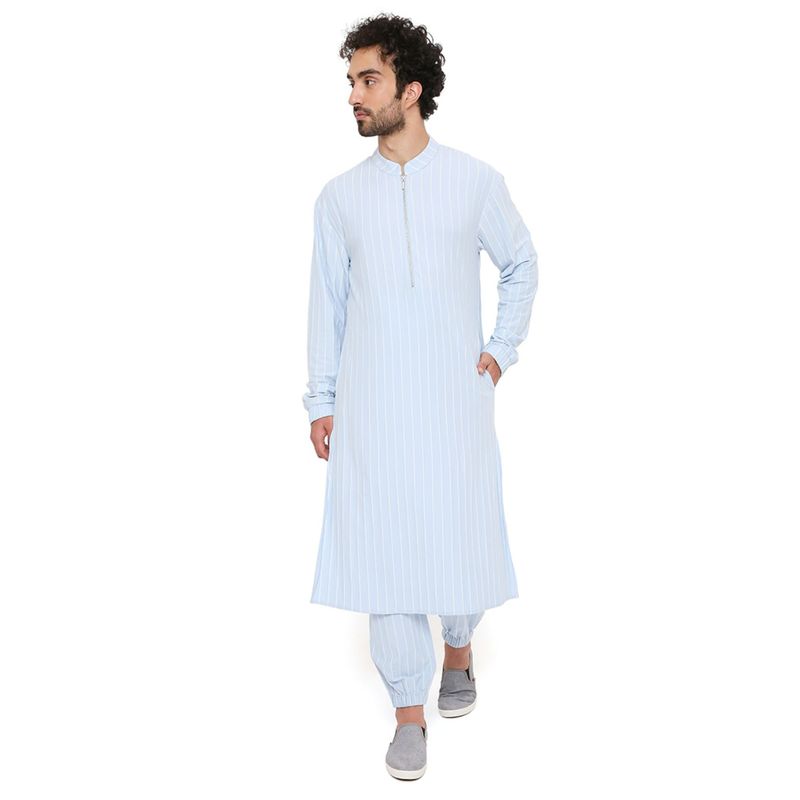PS Men by Payal Singhal Aqua Blue Stripe Lycra Bomber Kurta with Jogger Pant (Set of 2) (S)