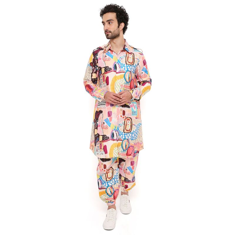 PS Men by Payal Singhal Trance Print Dupion Silk Pathani Kurta with Jogger Pant (Set of 2) (S)