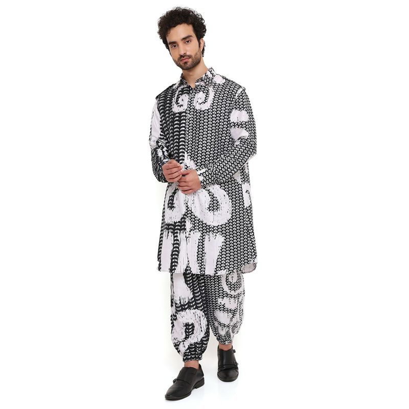 PS Men by Payal Singhal Trance Print Silk Pathani Kurta with Jogger Pant (Set of 2) (S)