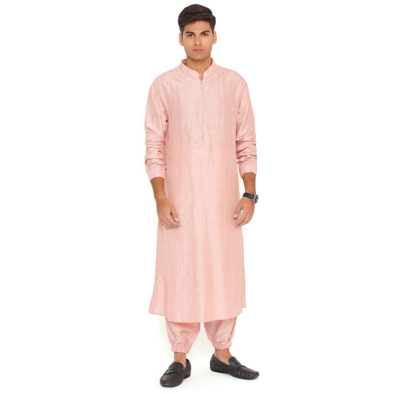 PS Men by Payal Singhal Blush Pink Abla Silk Bomber Kurta with Jogger Pant (Set of 2) (S)