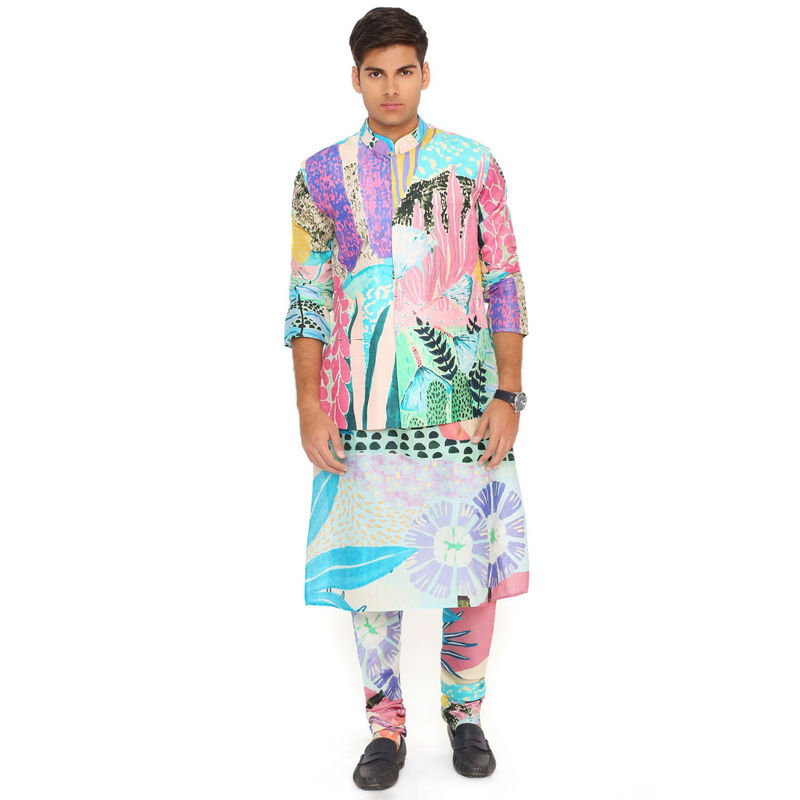 PS Men by Payal Singhal Aqua Tropical Print Dupion Silk Bandi Kurta and Churidar (Set of 3) (S)