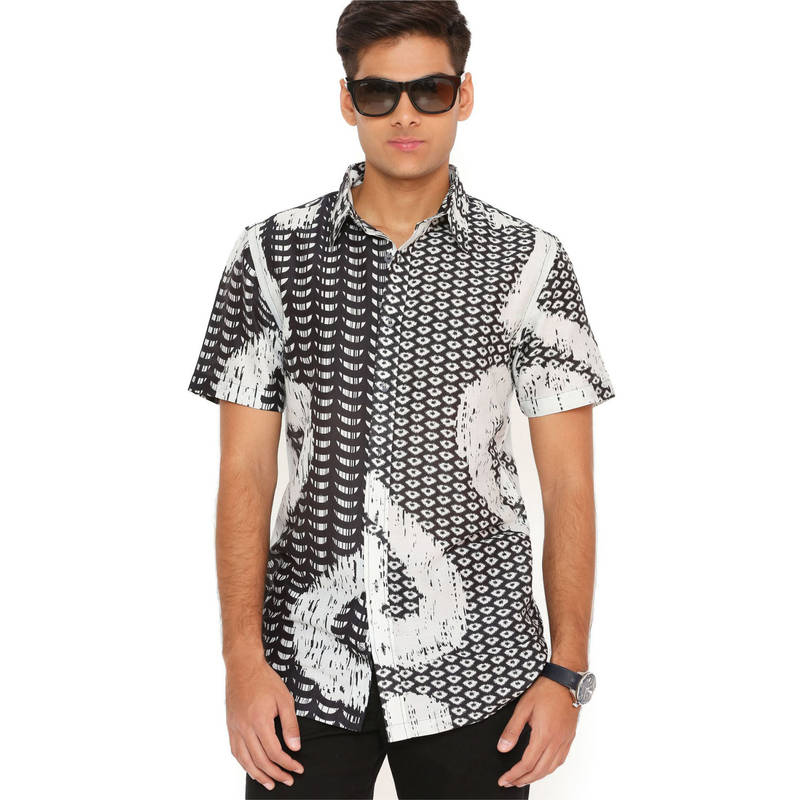 PS Men by Payal Singhal Black and White Uzbek Print Silkmul Shirt (S)
