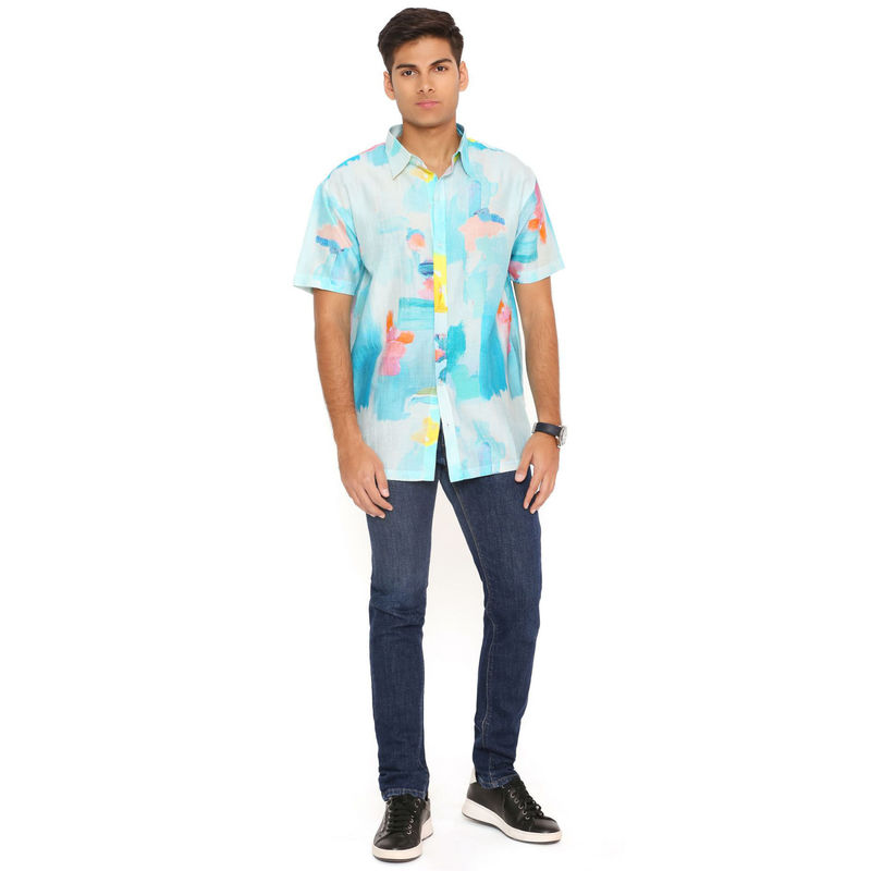 PS Men by Payal Singhal Painterly Print Silkmul Shirt (S)