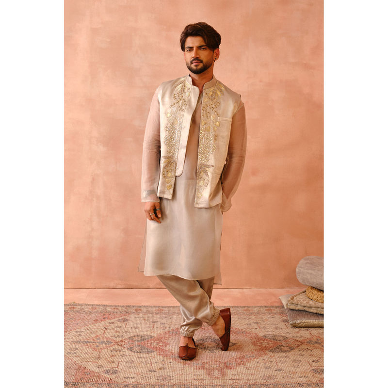 PS Men by Payal Singhal Grey Bagh Embroidered Kurta with Bandi, Jogger Pant (Set of 3) (38)