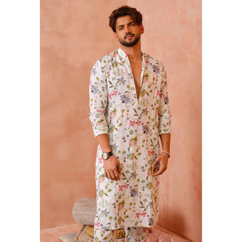 PS Men by Payal Singhal White Nargis Print Bomber Kurta with Jogger Pant (Set of 2) (38)