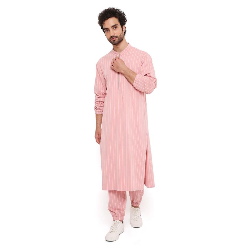PS Men by Payal Singhal Rose Pink Stripe Lycra Kurta With Salwar Pant (Set of 2) (38)