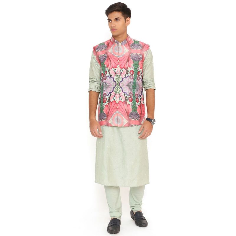 PS Men by Payal Singhal Print Nehru Jacket With Abla Silk Kurta & Churidar (Set of 3) (38)