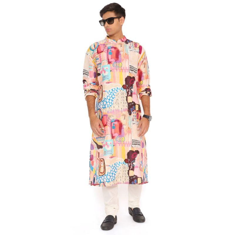 PS Men by Payal Singhal Trance Print Dupion Silk Kurta With Cotton Churidar (Set of 2) (38)