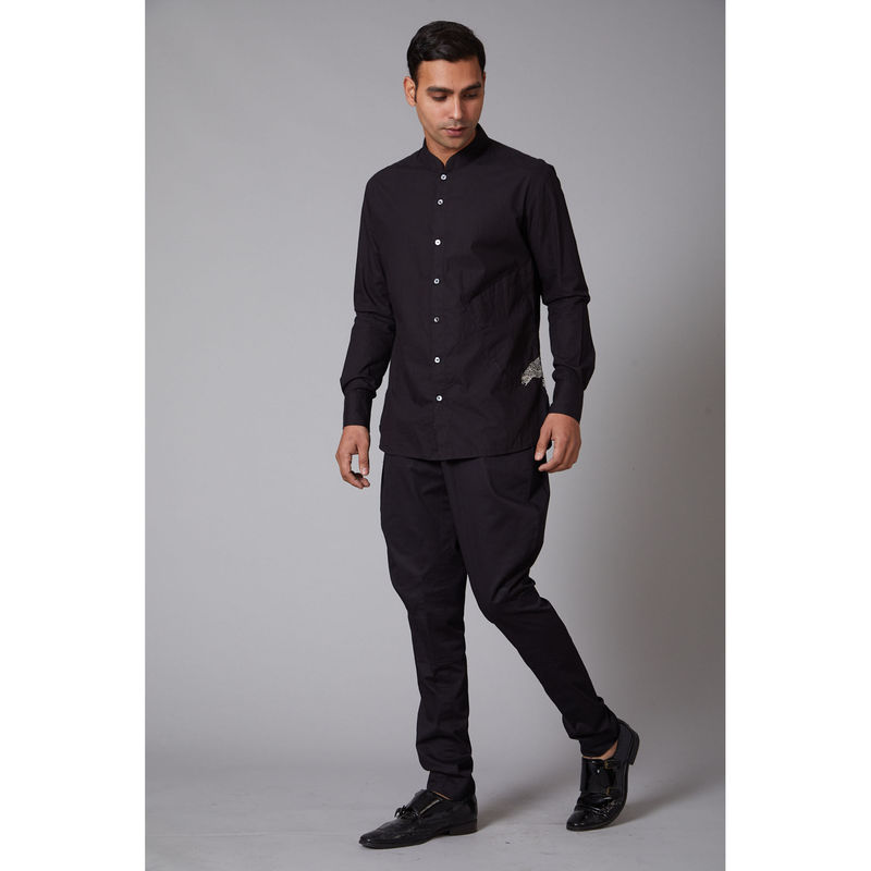 Rohit Bal Black Poplin Cheetah Embroidered Shirt (S)
