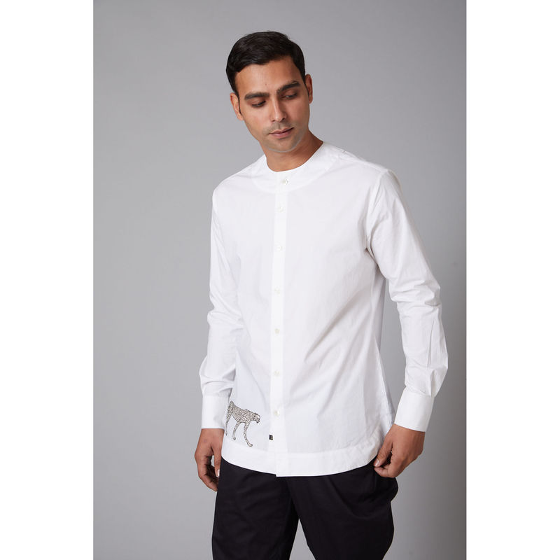 Rohit Bal White Poplin Cheetah Embroidered Shirt (S)