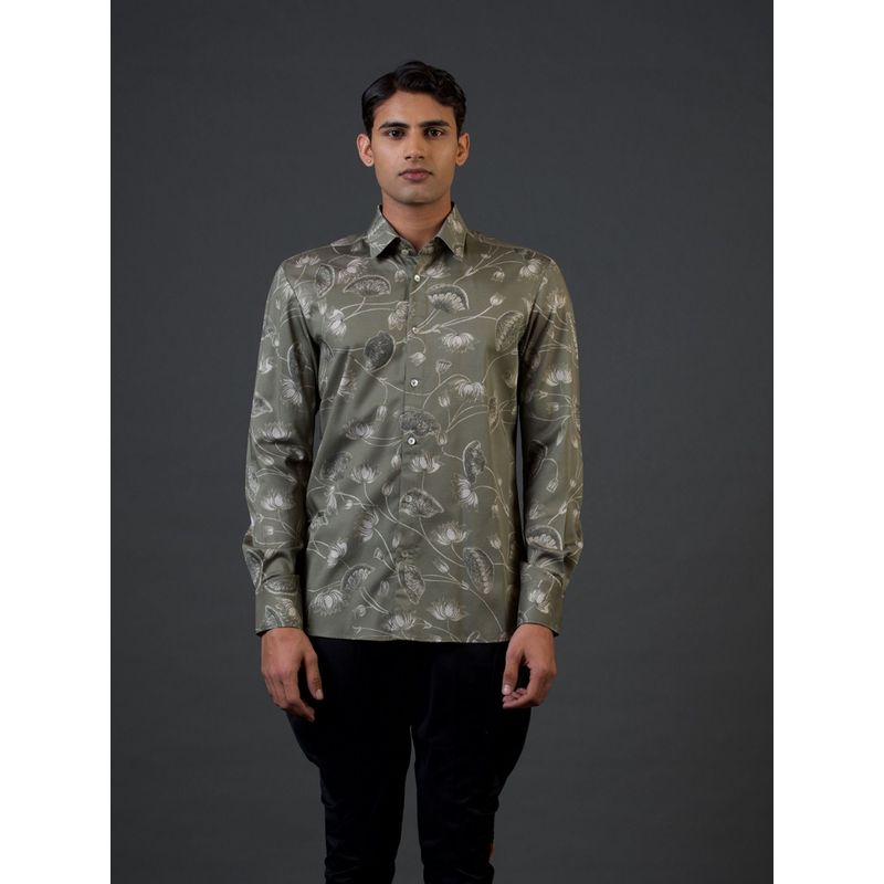 Rohit Bal Grey Lotus Digital Printed Shirt (S)