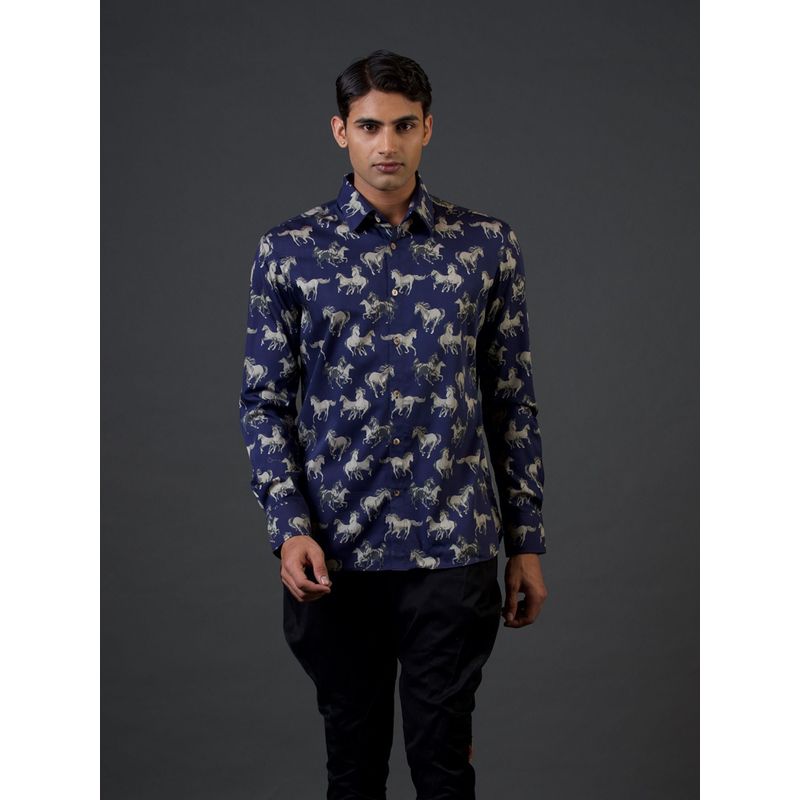 Rohit Bal Blue Running Horses Digital Printed Shirt (S)