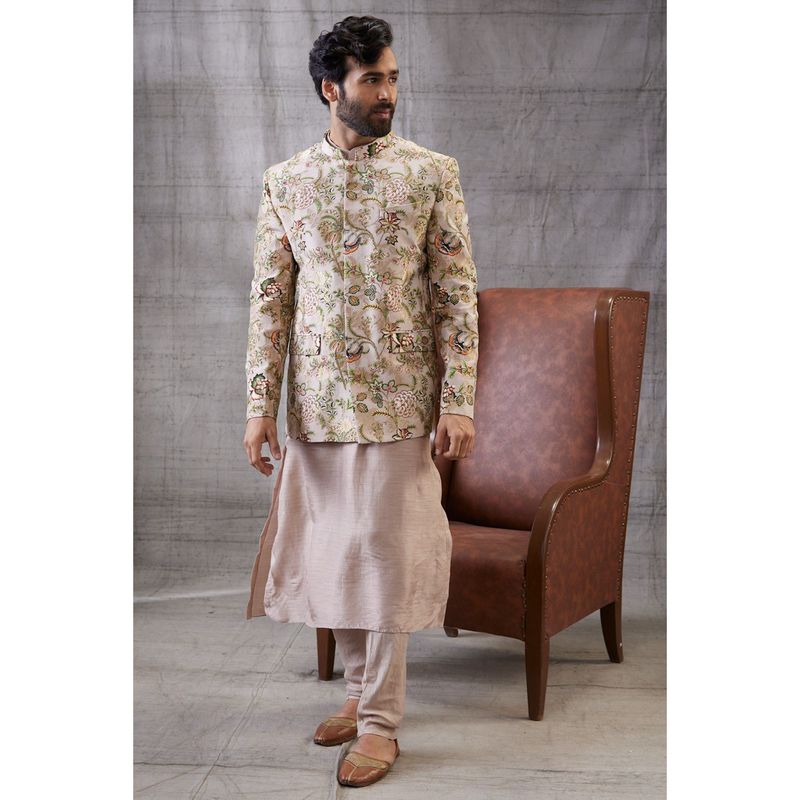 Soup by Sougat Paul Mehr Beige Printed Jacket with Kurta (Set of 3) (XS)