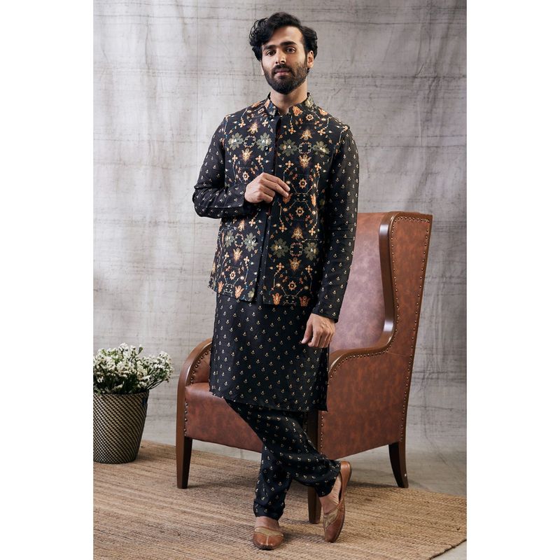 Soup by Sougat Paul Zahra Black Printed Bundi with Kurta (Set of 3) (XS)