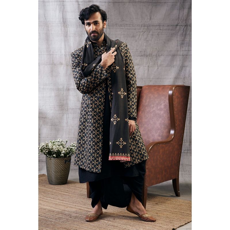 Soup by Sougat Paul Zahra Printed Longline Jacket with Dhoti (Set of 4) (XS)