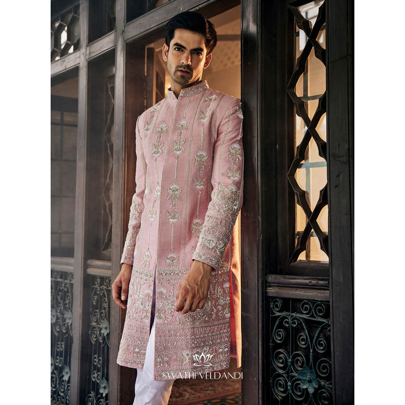 SWATHI VELDANDI Lemonade Pink Sherwani and Trouser (Set of 2) (S)