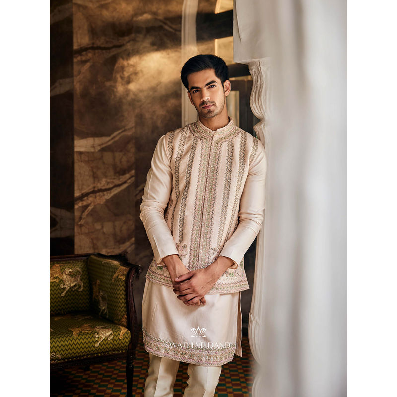 SWATHI VELDANDI Heavenly Beige Embellished Nehru Jacket with Kurta and Pant (Set of 3) (S)