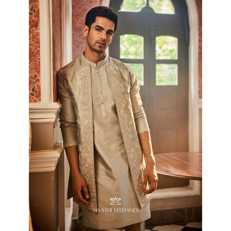 SWATHI VELDANDI Sage Taupe Embellished Nehru Jacket with Kurta and Pant (Set of 3) (S)