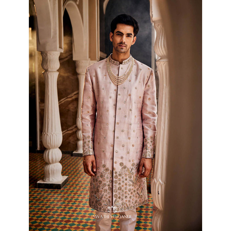 SWATHI VELDANDI Pink Embellished Sherwani with Trouser and Dupatta (Set of 2) (S)