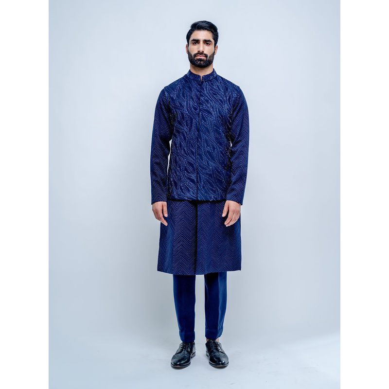 Varun Chakkilam Sapphire Blue Wavy Nehru Jacket with Kurta and Pant (Set of 3) (XS)