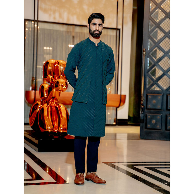 Varun Chakkilam Emerald Teal Kurta with Open Jacket and Pant (Set of 3) (XS)