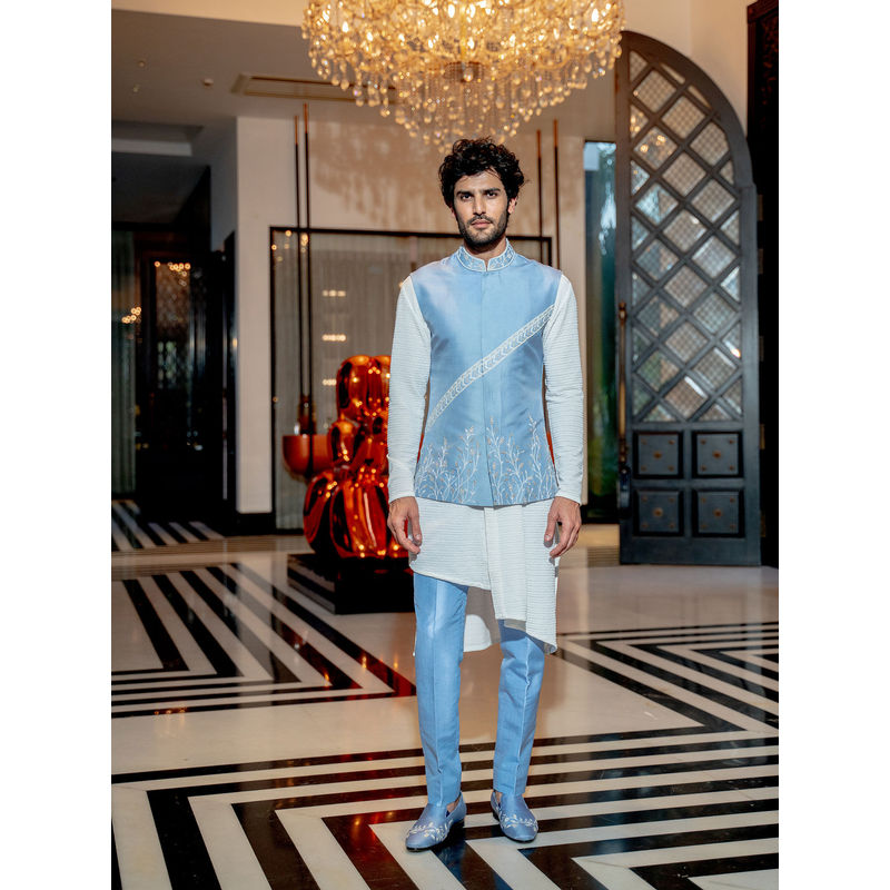Varun Chakkilam Powder Blue Neo-Floral Nehru Jacket with Kurta and Pant (Set of 3) (XS)