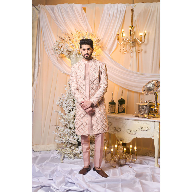 Varun Chakkilam Salmon Nude Pink Sherwani and Kurta with Trouser (Set of 3) (XS)