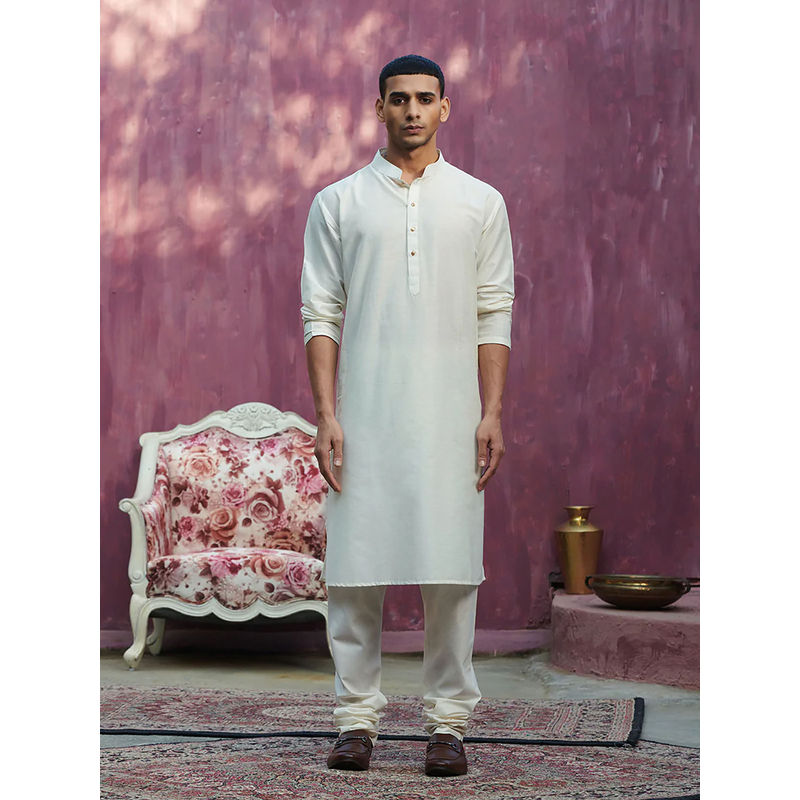WeaverStory Off White Cotton Silk Kurta (Set of 2) (S)