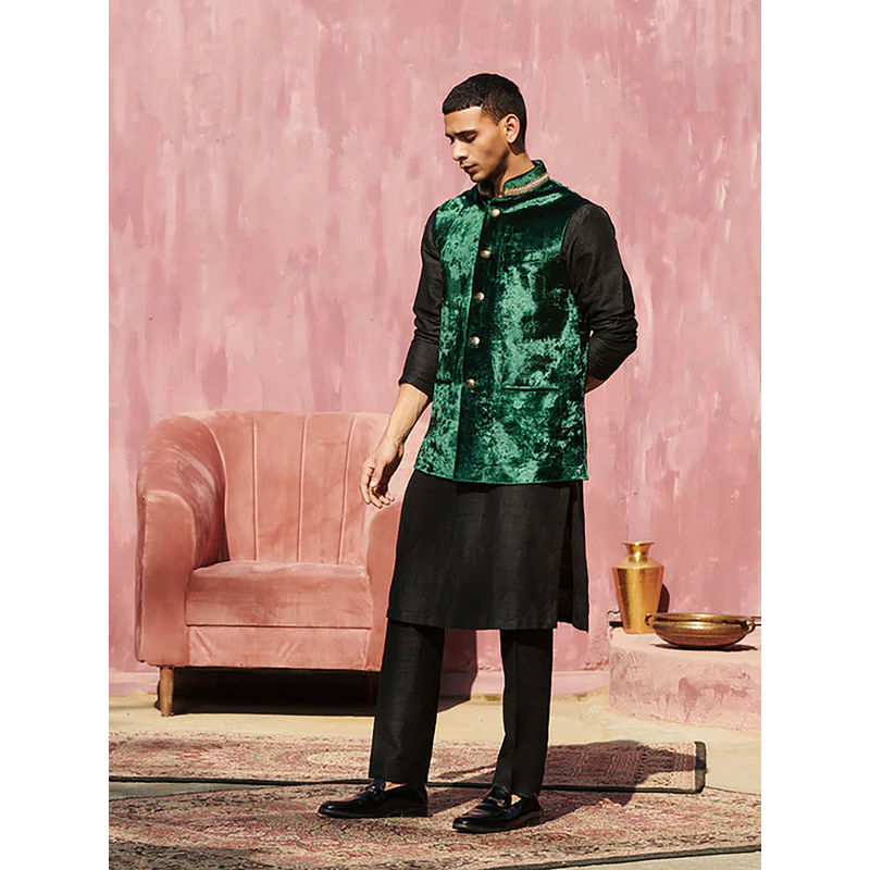 WeaverStory Dark Green Velvet Handcrafted Nehru Jacket (S)