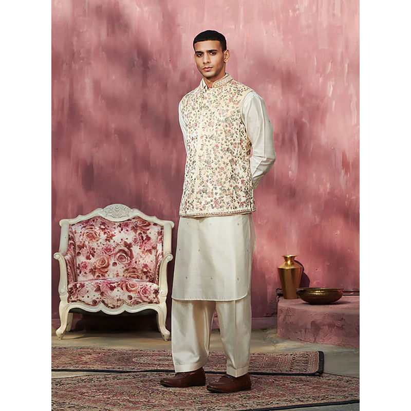 WeaverStory Off White Handcrafted Velvet Nehru Jacket (S)