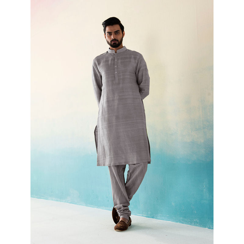 WeaverStory Classic Raw Silk Grey Kurta with Pant (Set of 2) (S)