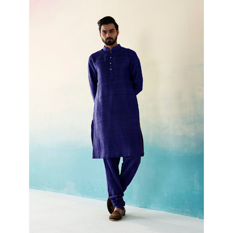 WeaverStory Classic Raw Silk Indigo Kurta with Pant (Set of 2) (S)