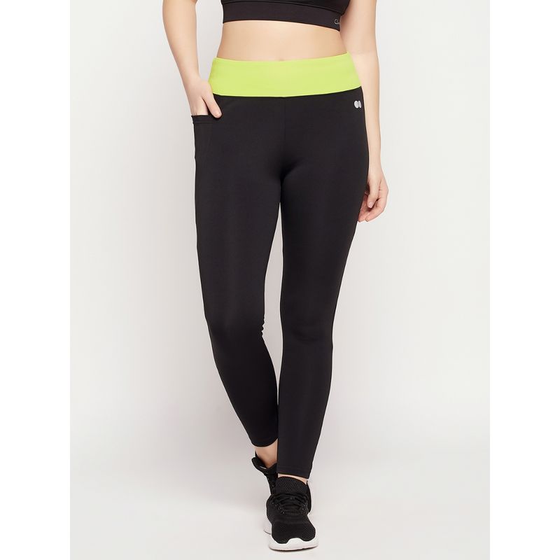 Clovia Snug Fit High-Rise Active Tights in Black with Contrast Waistband & Side Pocket (M)