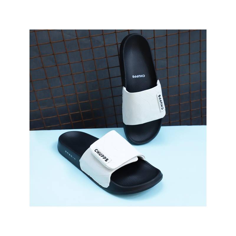 Chupps Men Flow Anti-Skid Comfort Sliders - White & Black (UK 7)