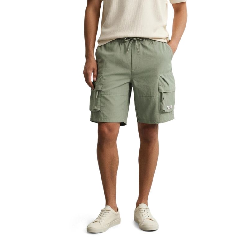 The Indian Garage Co Olive Relaxed Fit Solid Mid-Rise Cargo Shorts (32)