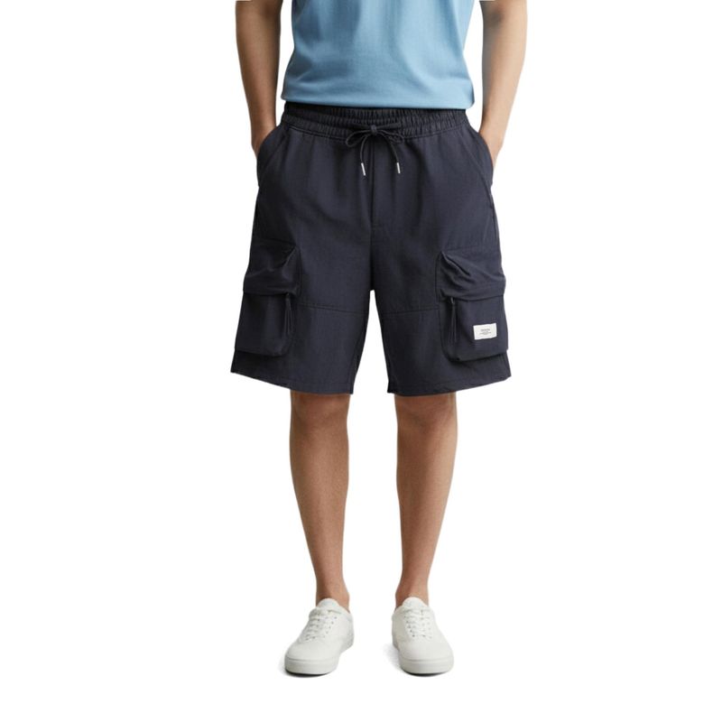 The Indian Garage Co Navy Blue Relaxed Fit Solid Mid-Rise Cargo Shorts (28)