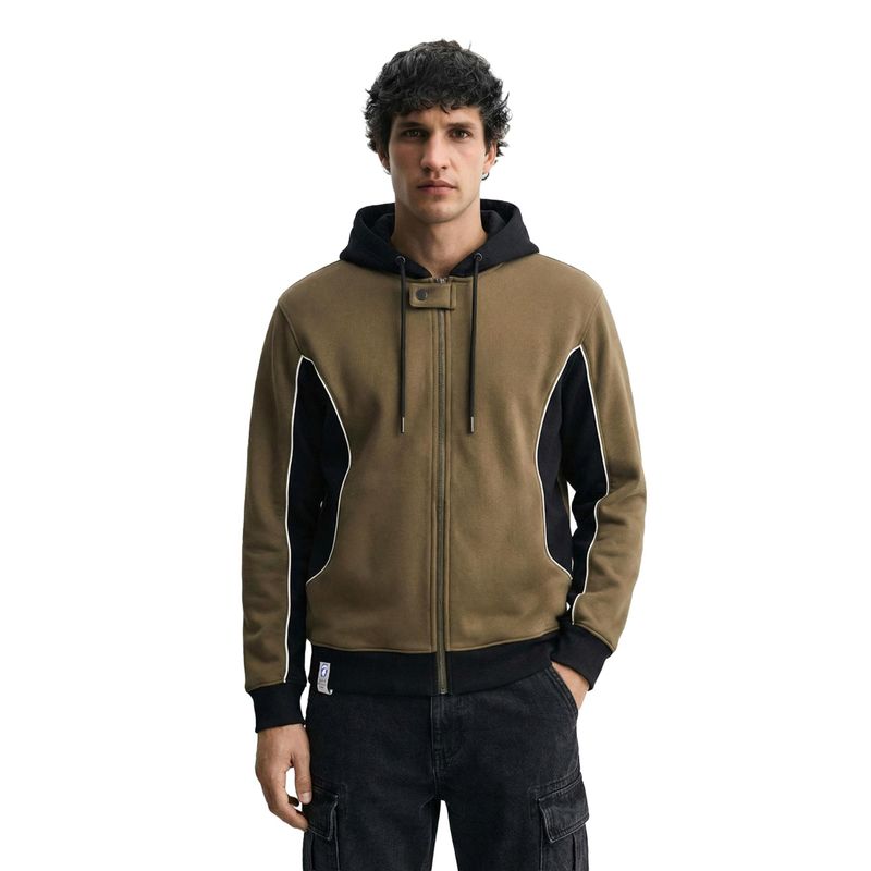 The Indian Garage Co Brown Boxy Fit Colorblock Hooded Full Sleeves 1 Hoodie (M)