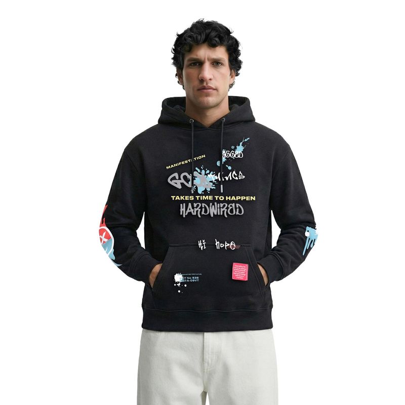 The Indian Garage Co Black Oversized Fit Printed Hooded Full Sleeves 1 Hoodie (S)