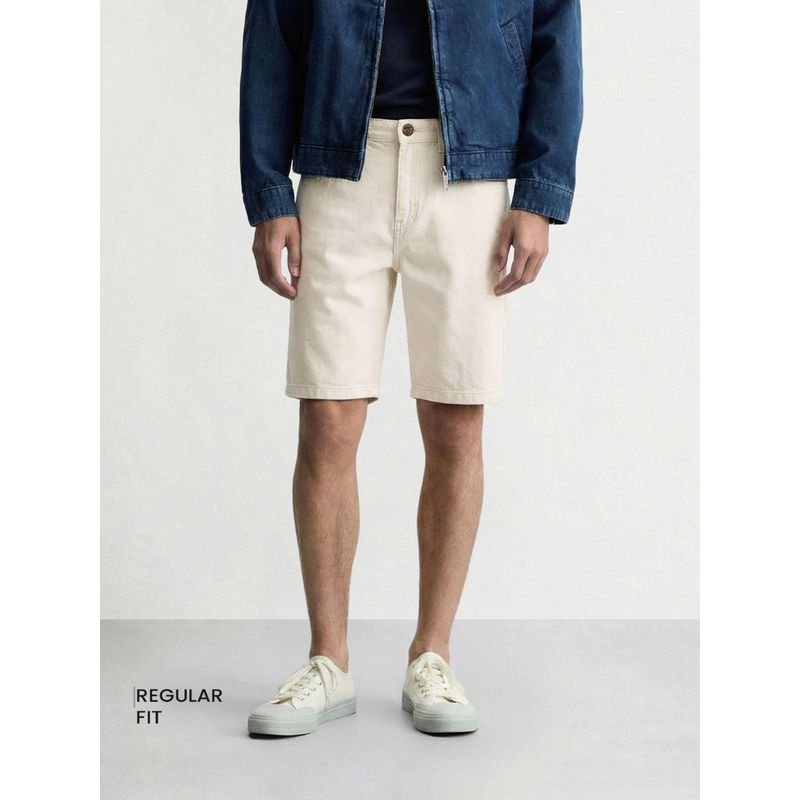 The Indian Garage Co White Regular Fit Solid Mid-Rise Denim Shorts (30)