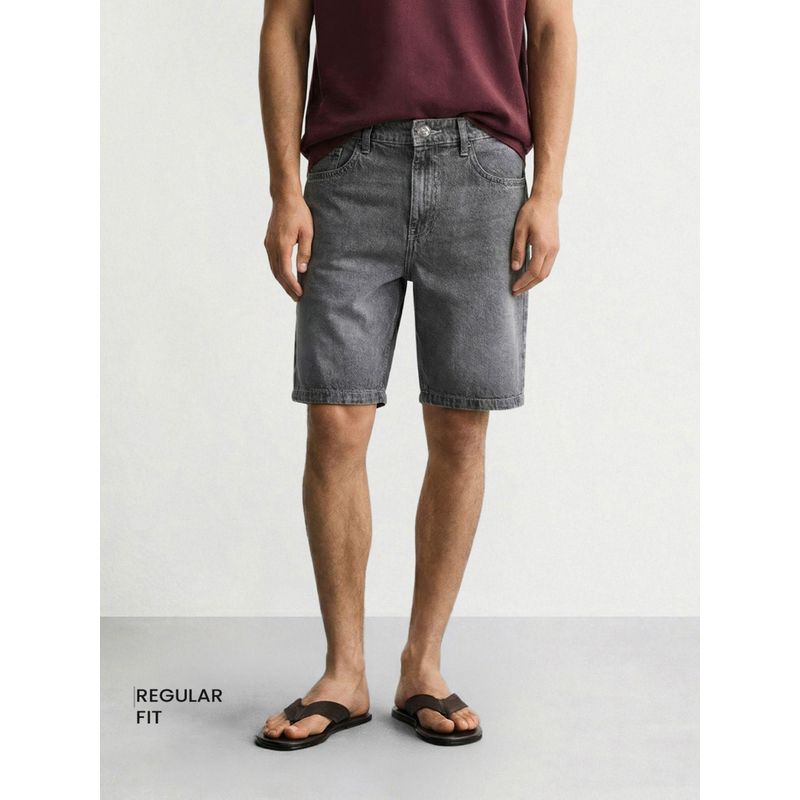 The Indian Garage Co Grey Regular Fit Solid Mid-Rise Denim Shorts (32)