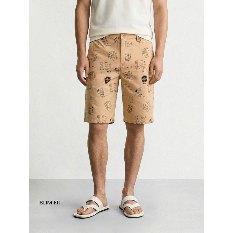 The Indian Garage Co Brown Slim Fit Doodle Printed Mid-Rise Chino Shorts (28)