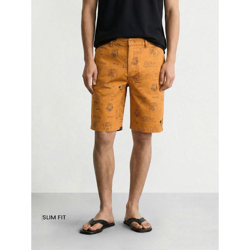 The Indian Garage Co Brown Slim Fit Doodle Printed Mid-Rise Chino Shorts (28)